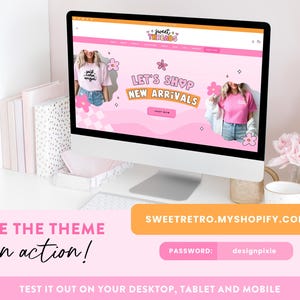 May include: A computer screen shows a website with a pink and white design, advertising clothing. The website's text says "Let's Shop New Arrivals." The screen is surrounded by decorative items, including books and flowers. The website address is sweetretro.myshopify.com.