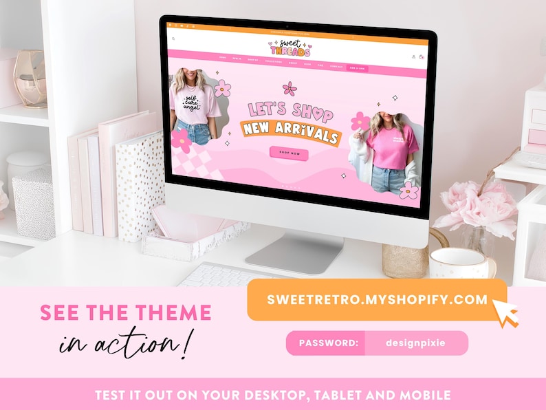 May include: A computer screen shows a website with a pink and white design, advertising clothing. The website's text says "Let's Shop New Arrivals." The screen is surrounded by decorative items, including books and flowers. The website address is sweetretro.myshopify.com.