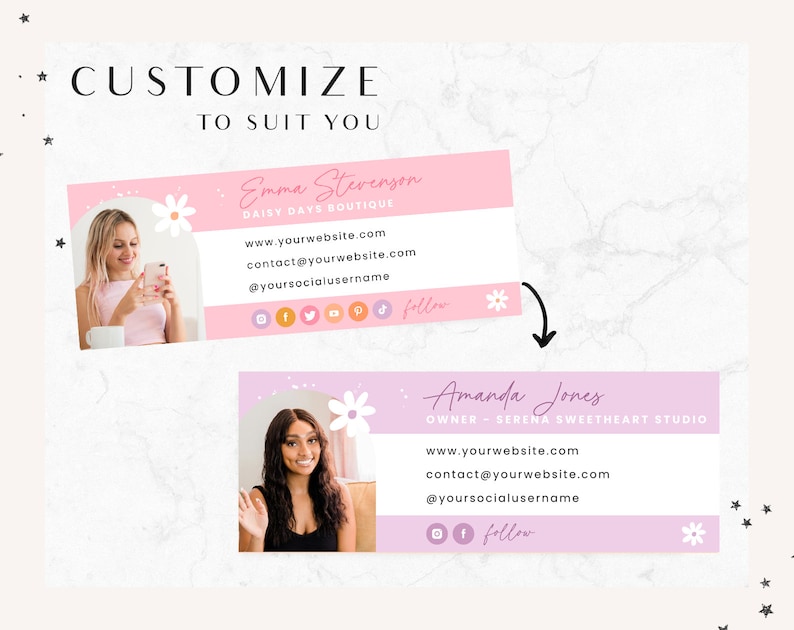 May include: Two pink and white business cards with floral accents. The top card features the text "Emma Stevenson Daisy Days Boutique" and the bottom card features the text "Amanda Jones Owner - Serena Sweetheart Studio". Both cards include website addresses, email addresses, and social media icons.