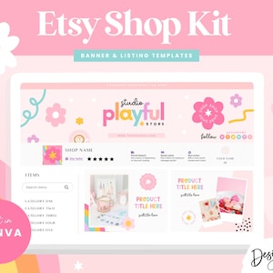 May include: A pink and white Etsy shop banner template with a playful design. The banner features a shop name, a logo, and a call to action to follow the shop. The banner also includes a section for listing items with product images and titles. The template is editable in Canva.