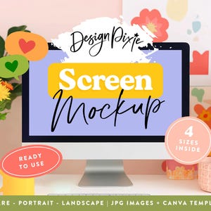 Könnte beinhalten: Ein Computermonitor mit einem hellvioletten Bildschirm und dem Text Design Pixie Screen Mockup in Schwarz und Gelb. Das Bild enthält Sprechblasen mit Herzen, eine gelbe Tasse und einen rosa Kreis mit dem Text 4 SIZES INSIDE.