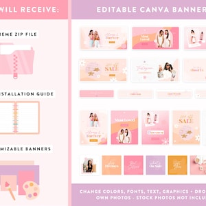 May include: A pink and peach graphic with the text "YOU WILL RECEIVE" and "EDITABLE CANVA BANNERS". The image includes a pink folder, a notebook, and customizable banners. The banners have the text "Always & Forever", "Most Loved", and "Dresses".
