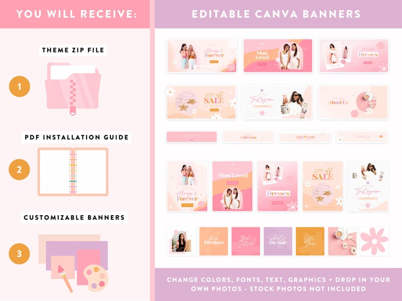 May include: A pink and peach graphic with the text "YOU WILL RECEIVE" and "EDITABLE CANVA BANNERS". The image includes a pink folder, a notebook, and customizable banners. The banners have the text "Always & Forever", "Most Loved", and "Dresses".