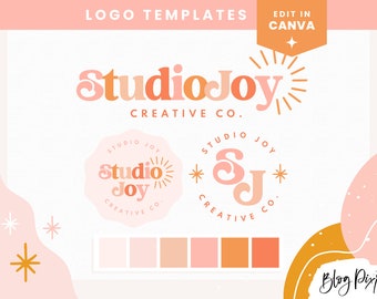 Retro Logo Design Template Canva - Editable Logo for Small Business - Boho Logo - Pastel Peach Orange Logo - Branding Kit - SJ01 Blog Pixie