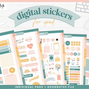 May include: Digital stickers for iPad featuring a variety of colorful designs, including tabs, motivational quotes, and shapes. The stickers are in a pastel color scheme with pink, yellow, and blue accents.