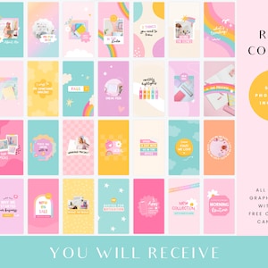 May include: A set of 32 colorful Instagram reel covers with a rainbow theme. The covers feature various text phrases such as "New On Sale", "Quotes For Motivation", "Morning Routine", and "Things You Need To Know".