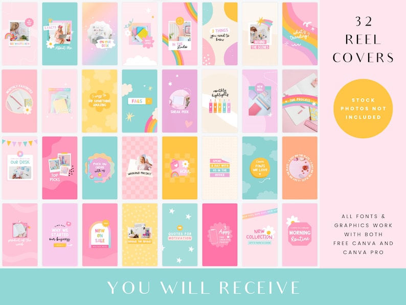 May include: A set of 32 colorful Instagram reel covers with a rainbow theme. The covers feature various text phrases such as "New On Sale", "Quotes For Motivation", "Morning Routine", and "Things You Need To Know".
