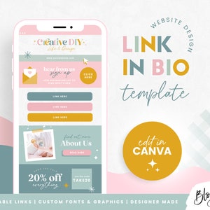 以下が含まれることがあります： ウェブサイトのバイオへのリンクテンプレートを示す電話画面のモックアップ。テンプレートは、ピンク、ブルー、イエローのアクセントを施したパステルカラーの配色でデザインされています。「LINK IN BIO template」というテキストが大きなフォントで表示されています。テンプレートには、クリック可能なリンク、カスタムフォント、グラフィックが含まれています。「edit in CANVA」というテキストが黄色の円の中に表示されています。「Blog Pixie」というテキストがピンクとブルーのフォントで表示されています。