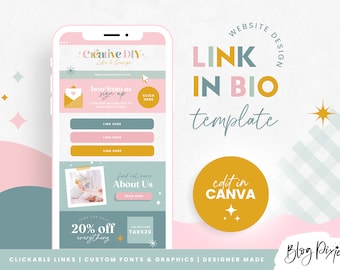 May include: A phone screen mockup displaying a link in bio template for a website. The template is designed in a pastel colour scheme with pink, blue, and yellow accents. The text "LINK IN BIO template" is displayed in a large font. The template includes clickable links, custom fonts, and graphics. The text "edit in CANVA" is displayed in a yellow circle. The text "Blog Pixie" is displayed in a pink and blue font.