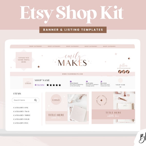 Rosé Gold Etsy Branding Kit - Canva Shop Banner Vorlagen - Etsy Verkäufer Erfolg - Etsy Banners - Etsy Store Branding Pink - RG01 Blog Pixie