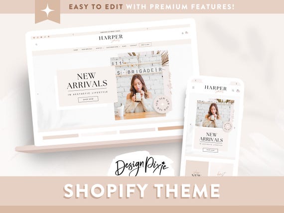 Shopify Theme Template Minimal - Aesthetic Shopify 2.0 - Luxe White Shopify Theme - Beige Boho Website  - Shopify Banners HS01 Design Pixie