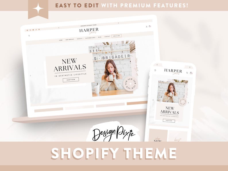Shopify theme template for Shopify 2.0 to style your online boutique with minimal boho vibes and neutral website design.