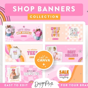 May include: A collection of pink and orange social media banners for an online shop. The banners feature text such as "Let's Shop New Arrivals", "More Self Love", "New Collection Tees", "Best Sellers", "Find Out More About Us", and "Sale 20% Off Everything".