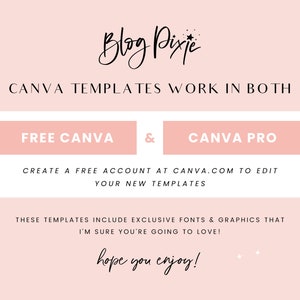 May include: Pink and white graphic with the text "Blog Pixie" in black cursive font. The text "CANVA TEMPLATES WORK IN BOTH" is in black sans-serif font. Two pink buttons with white text read "FREE CANVA" and "CANVA PRO". The text "CREATE A FREE ACCOUNT AT CANVA.COM TO EDIT YOUR NEW TEMPLATES" is in black sans-serif font. The text "THESE TEMPLATES INCLUDE EXCLUSIVE FONTS & GRAPHICS THAT I'M SURE YOU'RE GOING TO LOVE!" is in black sans-serif font. The text "hope you enjoy!" is in black cursive font.