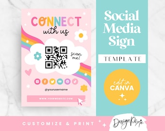 Rainbow Social Media Sign Template Canva - QR Code Sign for Table - Business Sign for Market Stall - Shop Follow Us Sign - PF01 Blog Pixie