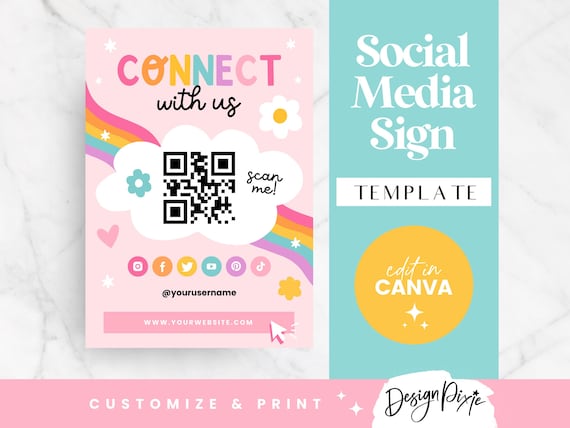 Rainbow Social Media Sign Template Canva - QR Code Sign for Table - Business Sign for Market Stall - Shop Follow Us Sign - PF01 Blog Pixie