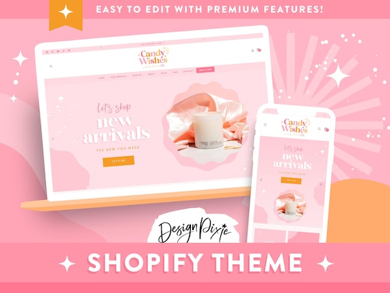 Pink Shopify Theme - Ecommerce Boutique - Pretty Shopify Website Template with Sparkles - Party Candle Shop Branding - CW01 - Design Pixie