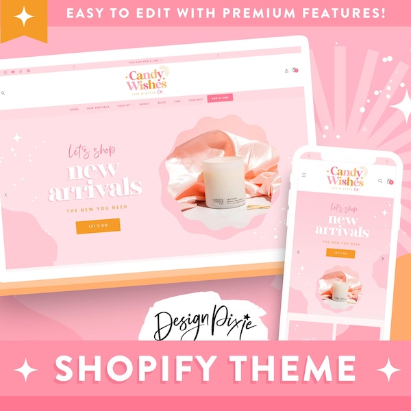 Roze Shopify-thema - e-commerceboetiek - websitesjabloon Pretty Shopify met glitters - branding feestkaars - CW01 - pixieontwerp
