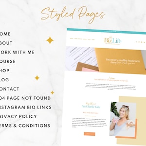 K&ouml;nnte beinhalten: Ein Website-Designkonzept mit dem Text "Styled Pages" in goldener Schrift. Das Design umfasst ein Website-Mockup mit dem Text "the BizLife" und eine Liste von Website-Seitenlinks wie "Home", "About" und "Contact".