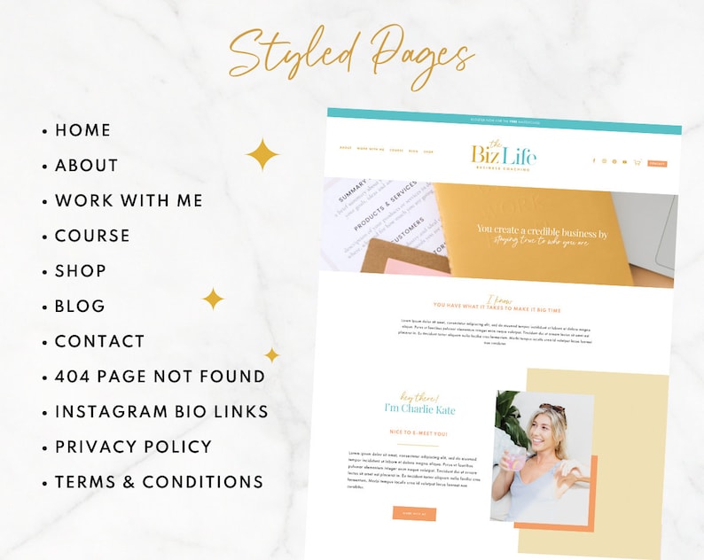 K&ouml;nnte beinhalten: Ein Website-Designkonzept mit dem Text "Styled Pages" in goldener Schrift. Das Design umfasst ein Website-Mockup mit dem Text "the BizLife" und eine Liste von Website-Seitenlinks wie "Home", "About" und "Contact".