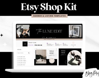May include: A laptop screen displaying a mockup of an Etsy shop with a black and white color scheme. The shop banner reads "The Luxe Edit". The shop has a search bar, categories, and product listings. The shop is designed with a modern and minimalist aesthetic.