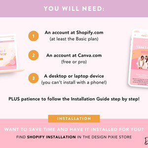 May include: A pink and white graphic detailing requirements for a process. It lists Shopify and Canva accounts, and a desktop or laptop device. A laptop and phone display the Shopify and Canva interfaces. The text "Always & Forever" is visible.