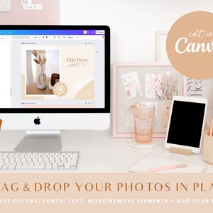 May include: A computer screen displaying a design template with the text "Title Here" and a photo of a vase with dried flowers and a candle. The text "edit in Canva" is on a peach-colored circle. The screen is on a white desk with a glass of water, a tablet, and a pencil holder.