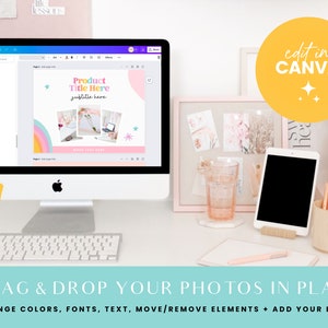 May include: A computer screen showing a Canva design template featuring a rainbow, stars, and the text "Product Title Here" and "subtitle here". The text "edit in CANVA" is on a yellow circle. The design template is on a white desk with a glass of water, a tablet, and a pencil holder.