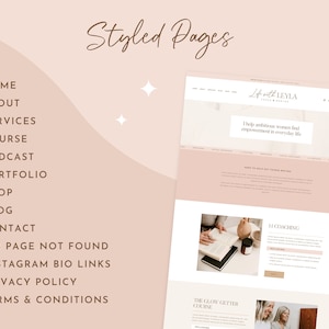 May include: A website homepage with a pink and white color scheme. The website is for a business called "Life with Leyla" and the tagline is "Help ambitious women find empowerment in everyday life". The website has a menu with links to "Home", "About", "Services", "Course", "Podcast", "Portfolio", "Shop", "Blog", "Contact", "404 Page Not Found", "Instagram Bio Links", "Privacy Policy", and "Terms & Conditions".