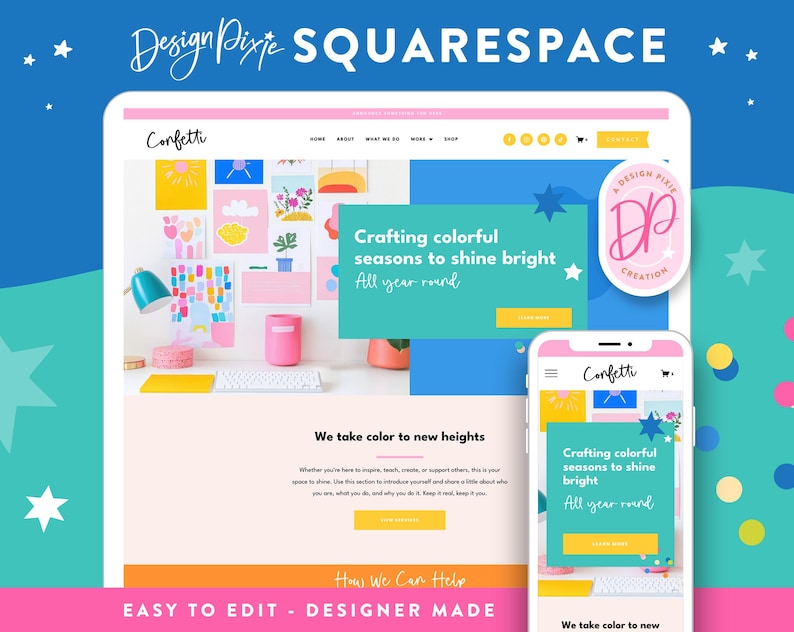 Colorful Squarespace website template in bright rainbow colors