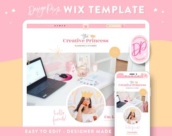 May include: A Wix website template for a creative business, featuring a pink and yellow color scheme with the text "The Creative Princess" and "Planning & Stickers". The website is shown on a laptop and a mobile phone, both displaying the same design.