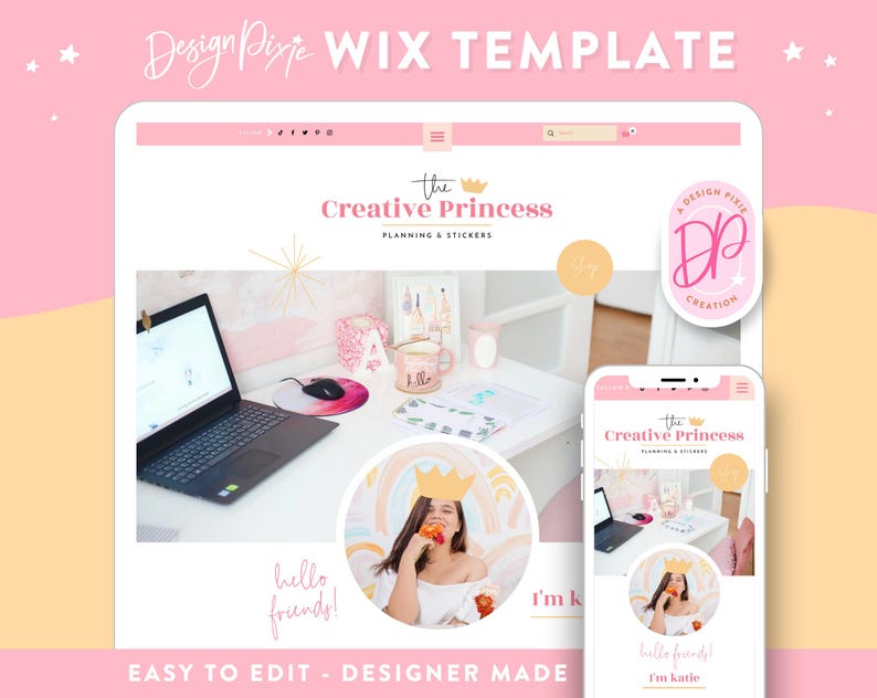 Pode incluir: Um modelo de site Wix para um neg&oacute;cio criativo, com um esquema de cores rosa e amarelo com o texto "The Creative Princess" e "Planning & Stickers". O site &eacute; mostrado em um laptop e um telefone m&oacute;vel, ambos exibindo o mesmo design.