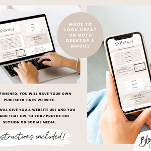 May include: A computer screen and a smartphone display a website template with a light brown background and the text "Aesthetic/4". The website template includes links, a "Join the List" section, and an "Offer" section. The text "Made to look great on both desktop & mobile" is displayed above the image.