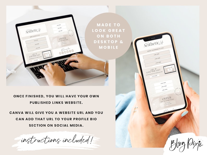 May include: A computer screen and a smartphone display a website template with a light brown background and the text "Aesthetic/4". The website template includes links, a "Join the List" section, and an "Offer" section. The text "Made to look great on both desktop & mobile" is displayed above the image.