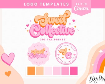 Retro Logo Design Editable Canva - Small Business Logo Template - Bright Pink Orange Logo With Hearts - Fun Bright Branding ST01 Blog Pixie