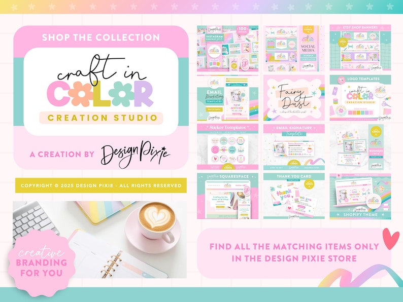 May include: A collection of colorful branding templates for social media, email marketing, logos, and more. The design features a rainbow, stars, and the text "craft in color creation studio".