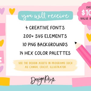 A digital design bundle with a rainbow theme. The image includes the text "you will receive" followed by a list of creative fonts, SVG & PNG elements, backgrounds, and colour palettes. A pink pencil and heart shapes are also featured.