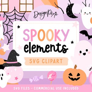 May include: A digital illustration with Halloween-themed elements. The image includes ghosts, pumpkins, witch hats, a cauldron, and the text "Spooky Elements SVG Clipart". The colour palette is primarily pink, orange, and black.