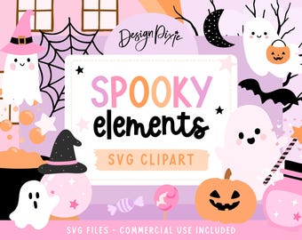 May include: A digital graphic set titled Spooky elements SVG CLIPART featuring pastel-colored Halloween illustrations including ghosts, a jack-o'-lantern, a black cauldron, a witch hat, a crescent moon, a spider web, and various candies.