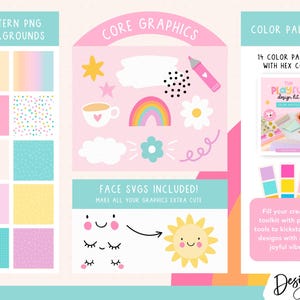 A digital design kit with pastel backgrounds, core graphics, and colour palettes. Includes a rainbow, flowers, clouds, and a smiling sun. Text includes "Pattern PNG Backgrounds", "Core Graphics", "Color Palettes", and "Face SVG Included!"