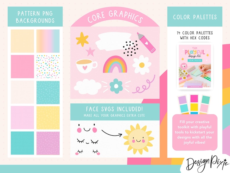 A digital design kit with pastel backgrounds, core graphics, and colour palettes. Includes a rainbow, flowers, clouds, and a smiling sun. Text includes "Pattern PNG Backgrounds", "Core Graphics", "Color Palettes", and "Face SVG Included!"