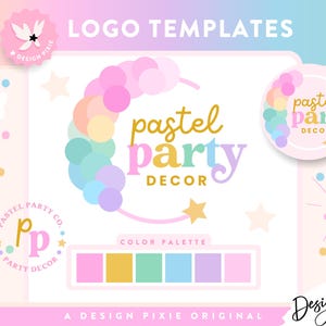 Könnte beinhalten: Pastel Party Dekor Logo-Vorlagen mit einem Kreis aus pastellfarbenen Ballons, einem Textlogo mit den Worten "Pastel Party Dekor" und einer Farbpalette in Pink, Gelb, Grün, Blau und Lila.