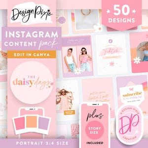 May include: A collection of pink and peach Instagram content templates with the text "INSTAGRAM CONTENT pack" and "EDIT IN CANVA". The design includes the text "THE daisy days" and "50 DESIGNS". The image also includes a phone mockup.