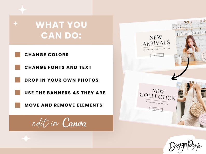 May include: A graphic showing how to customize a social media banner template. The text reads "What you can do: Change colors, Change fonts and text, Drop in your own photos, Use the banners as they are, Move and remove elements. Edit in Canva." The image shows two banner templates, one with the text "New Arrivals" and the other with the text "New Collection".