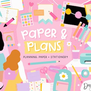 A digital SVG pack with stationery items like pencils, a calendar, a notebook, and a pair of scissors.