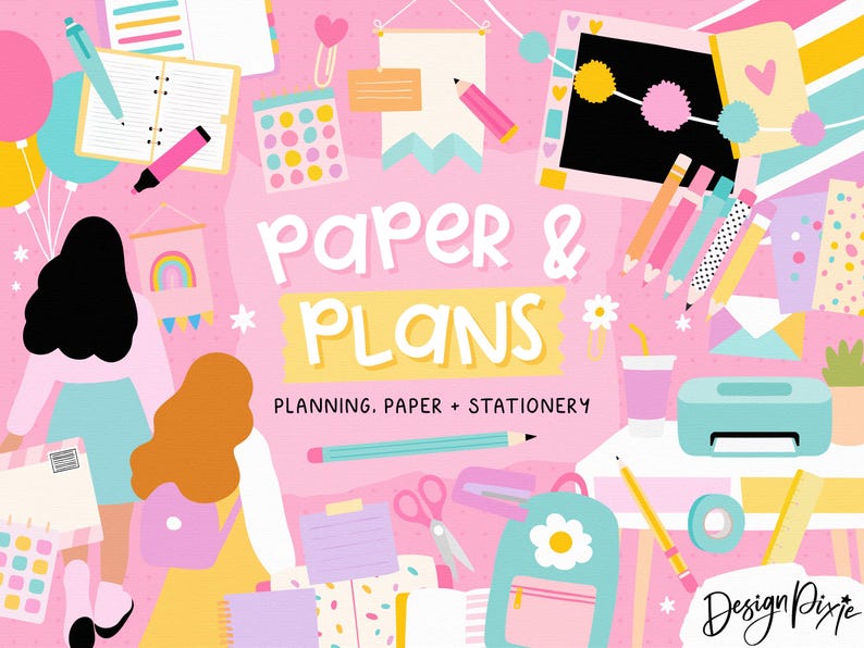 A digital SVG pack with stationery items like pencils, a calendar, a notebook, and a pair of scissors.