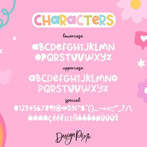 May include: A digital font display titled CHARACTERS on a pink background. It features a lowercase alphabet, an uppercase alphabet with striped patterns, and a set of special characters, numbers, and accented letters. The brand name DesignPixie is at the bottom.
