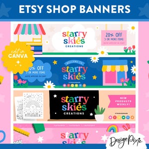 Puede incluir: Una colección de banners para tiendas de Etsy con diseños coloridos. Los banners muestran el texto "ETSY SHOP BANNERS" y "starry skies creations". Algunos banners incluyen ofertas como "20% OFF" y "10% OFF". Otros elementos incluyen arcoíris, flores y un logotipo arcoíris.
