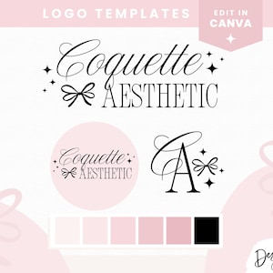 Puede incluir: Plantilla de logotipo Coquette Aesthetic con fondo rosa y texto negro. El logotipo presenta una letra A estilizada con un lazo y estrellas. El texto "Coquette Aesthetic" está escrito en una fuente cursiva. El logotipo está disponible en una variedad de colores.