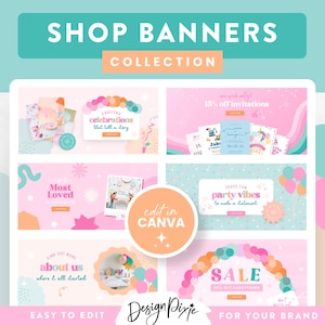 May include: A collection of colorful and playful social media banners for shops and businesses. The banners feature a variety of designs, including balloons, confetti, and text that says "Shop Banners Collection", "Celebrations that tell a story", "Most Loved", "About Us", "Sale", and "Party Vibes".